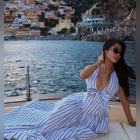 Miss Circle Dresses & Skirts - Mackenna Navy Cotton Stripe Halter Smock Back Maxi dress